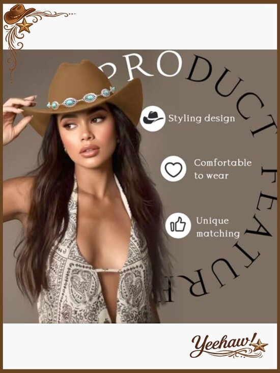 Classic Felt Cowboy Hat with Adjustable Turquoise Chain Band Wide Brim